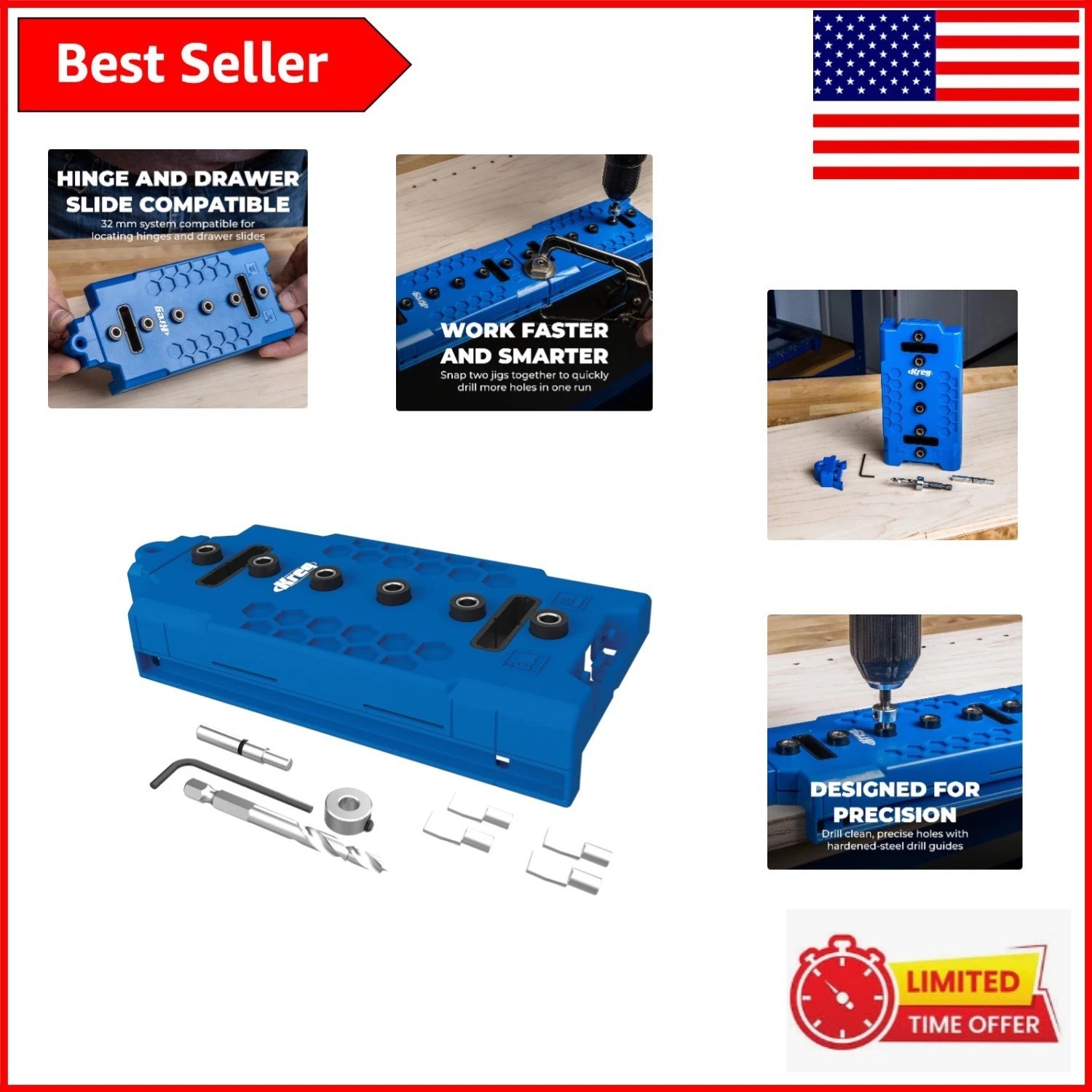 Adjustable Shelf Pin Jig 1/4 Inch – Edge-Aligned & Portable Tool for Woodworkers