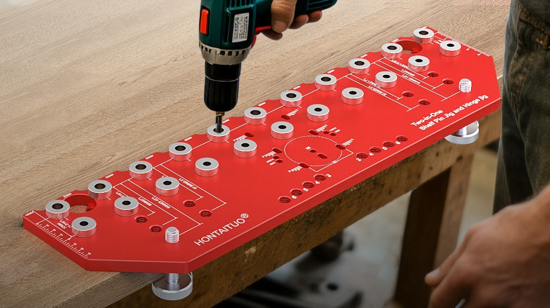 2-in-1 Shelf Pin & Hinge Jig Tool, 11-Hole Drilling Guide with Clamping Function