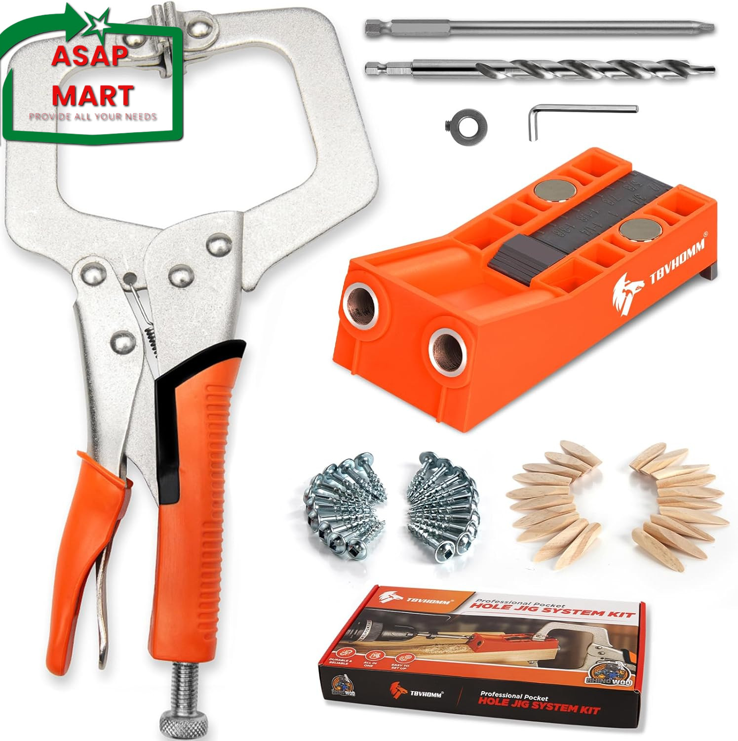 Pocket Hole Jig System Kit, Pocket Screw Jig with 11 Inch Clamp, Square Driver B