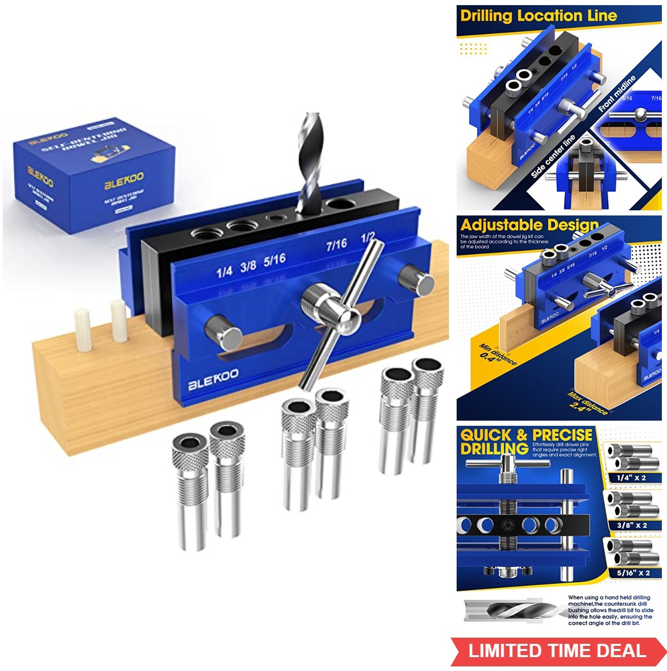 Self Centering Doweling Jig Kit 6 Drill Bushings Straight Hole Guide for