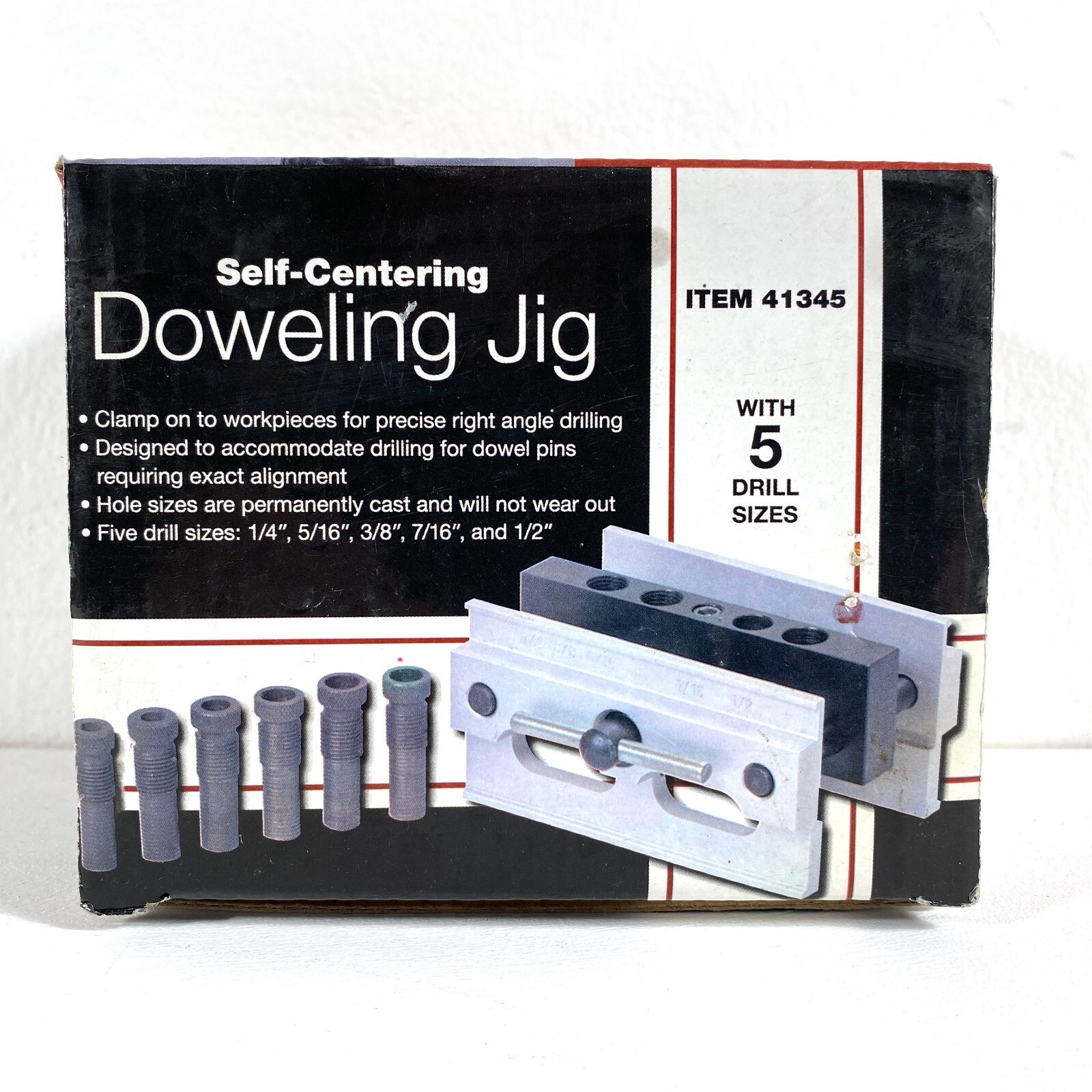 DOWELING SELF-CENTERING JIG 41345 ~ Dowel Clamping Jig ~ 5 Drill Sizes Open Box