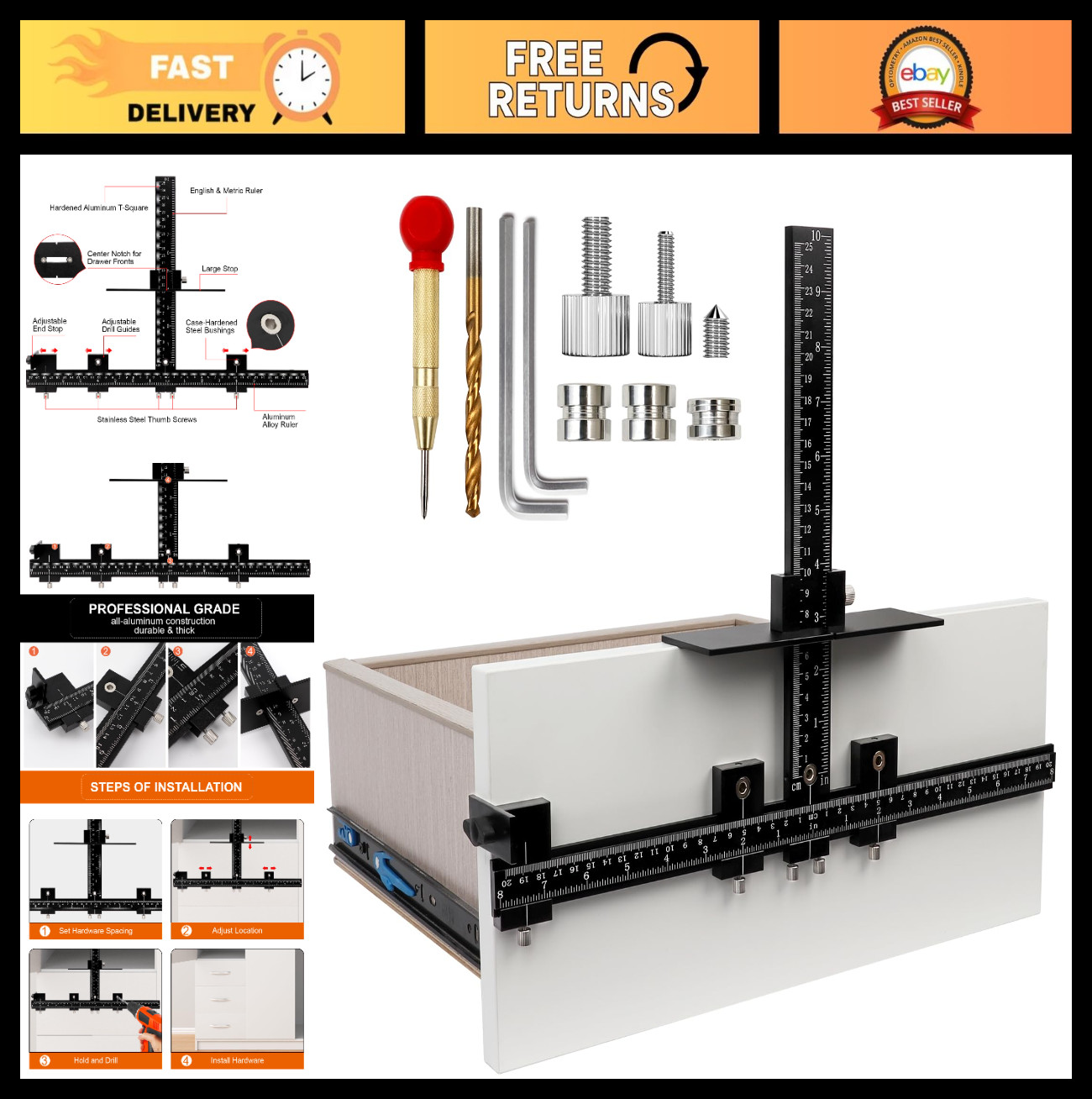 Adjustable Cabinet Hardware Jig Tool – Drill Template for Handles & Pulls, Alumi