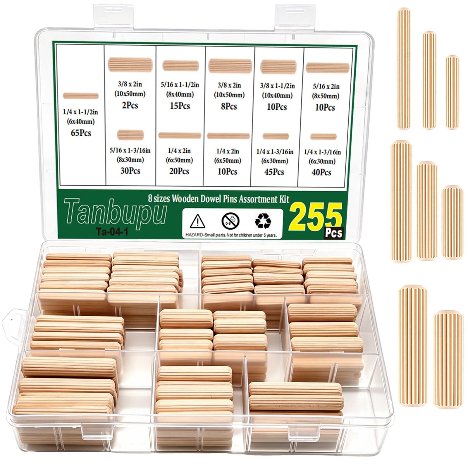 255 PCS Wood Dowels Kit 8 Values Fluted 1/4 5/16 3/8 Inch Pins Crafts DIY