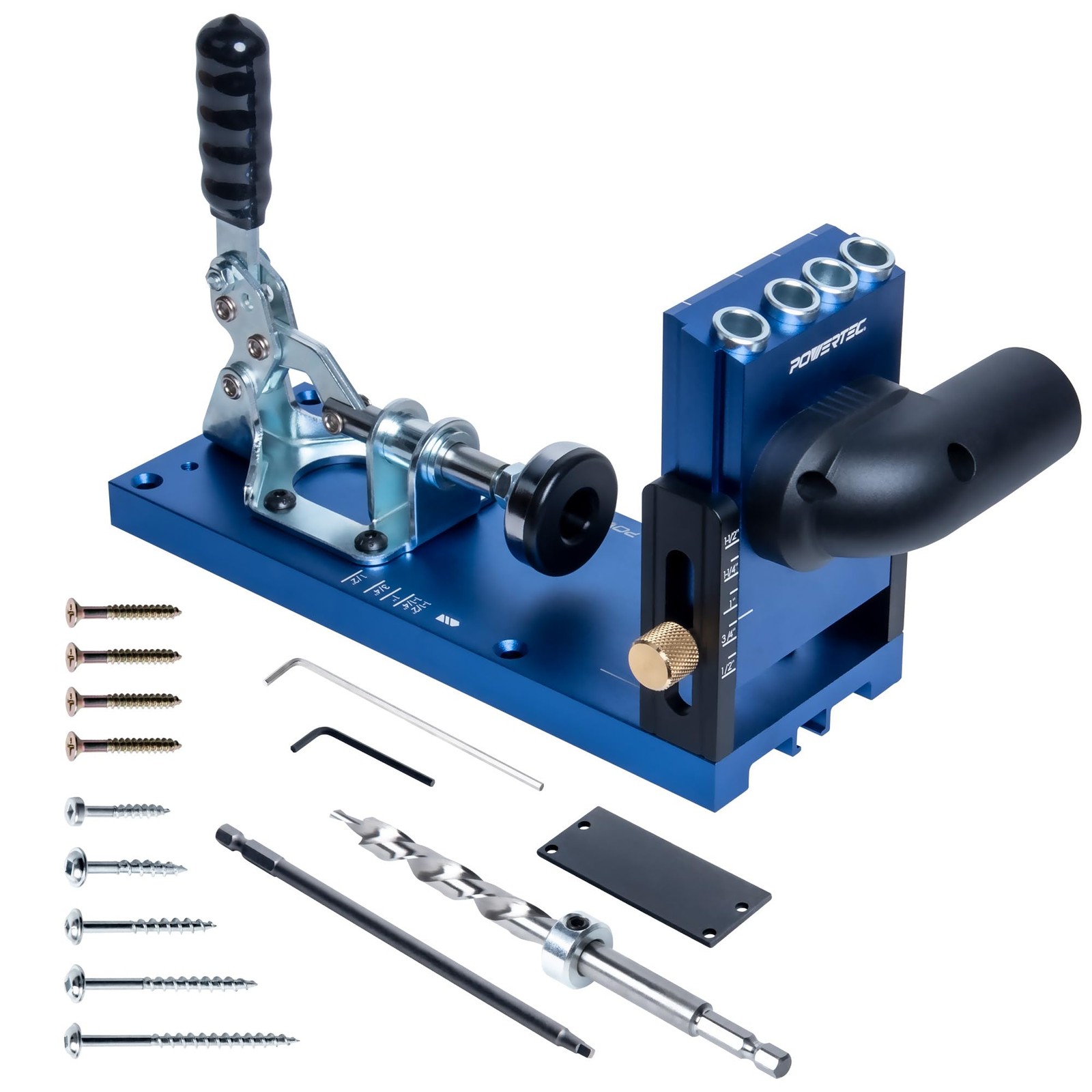 POWERTEC Aluminum Pocket Hole Jig Set with 11/4″ OD Dust Port, Drill Bit, Dri…