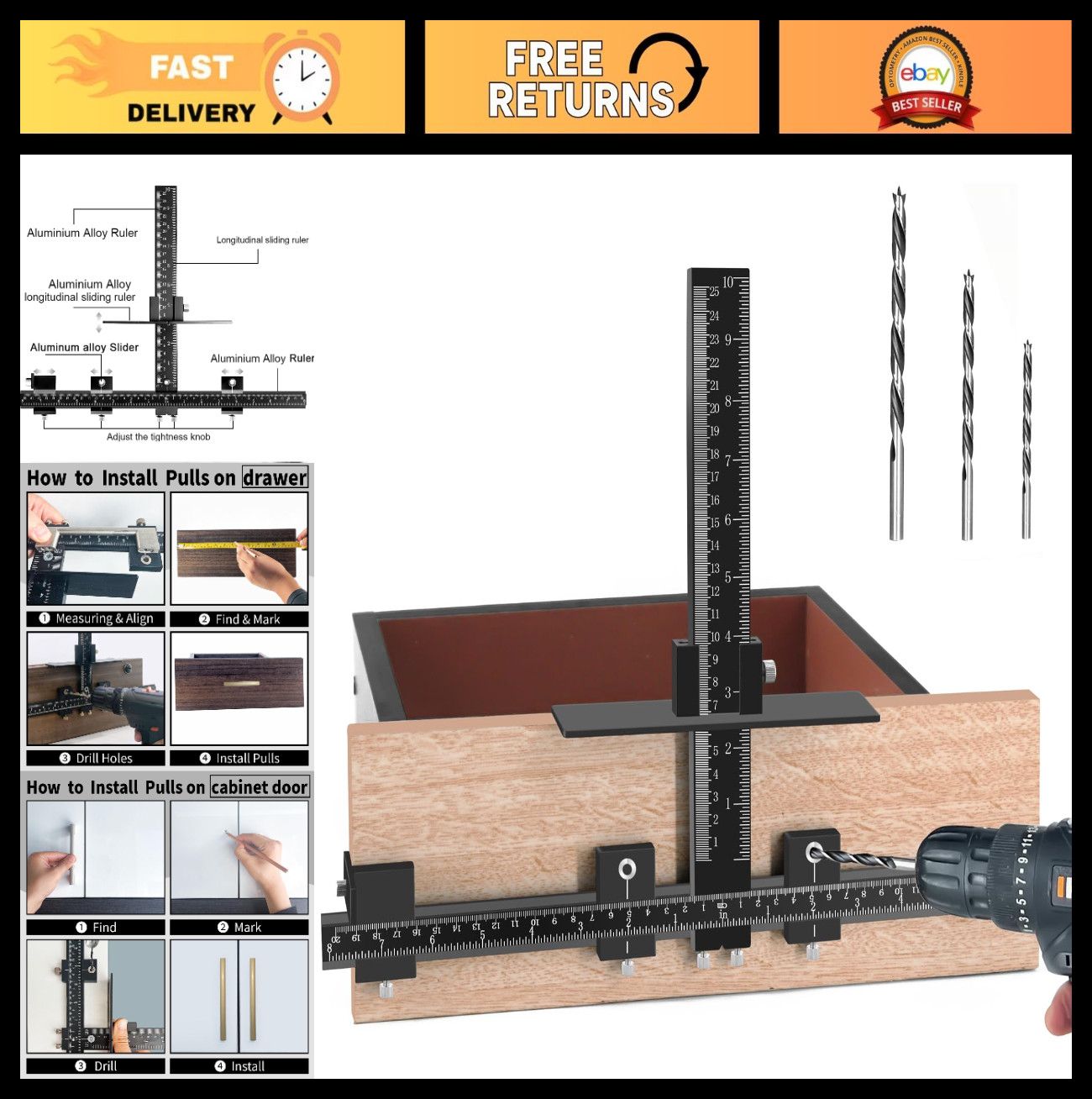 Aluminum Cabinet Hardware Jig with 3 Drill Bits | Wood Drilling Guide for Handle