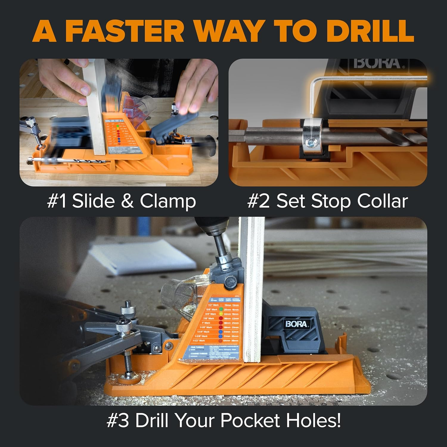BORA Auto Pocket Hole Jig w/50 Screws 1/2-1.5″ Woodworking Kit