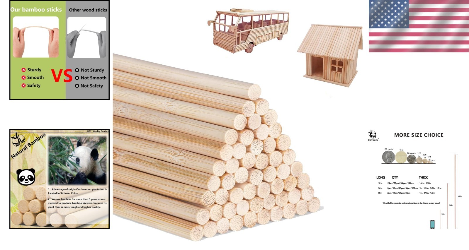 Eco-Friendly 25PCS Unfinished Bamboo Dowel Rods 1/4 x 12 – Perfect for Crafts