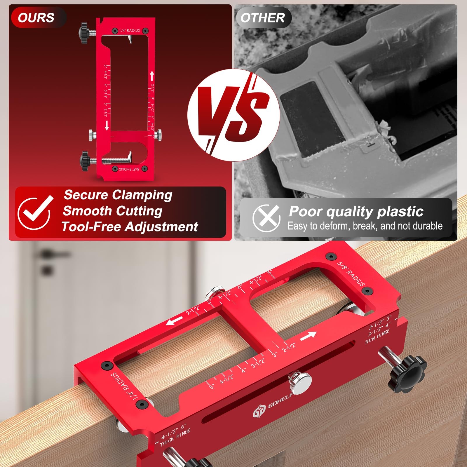 Door Hinge Jig Door Hinge Template Kit for Router Red One Adjustable Mortise Jig