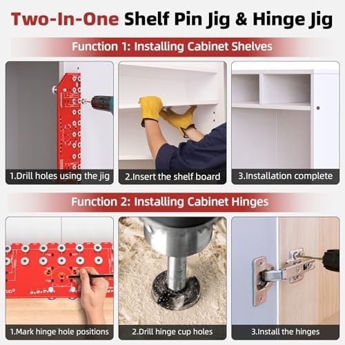2-in-1 Shelf Pin & Hinge Jig Tool, 11-Hole Drilling Guide with Clamping Function