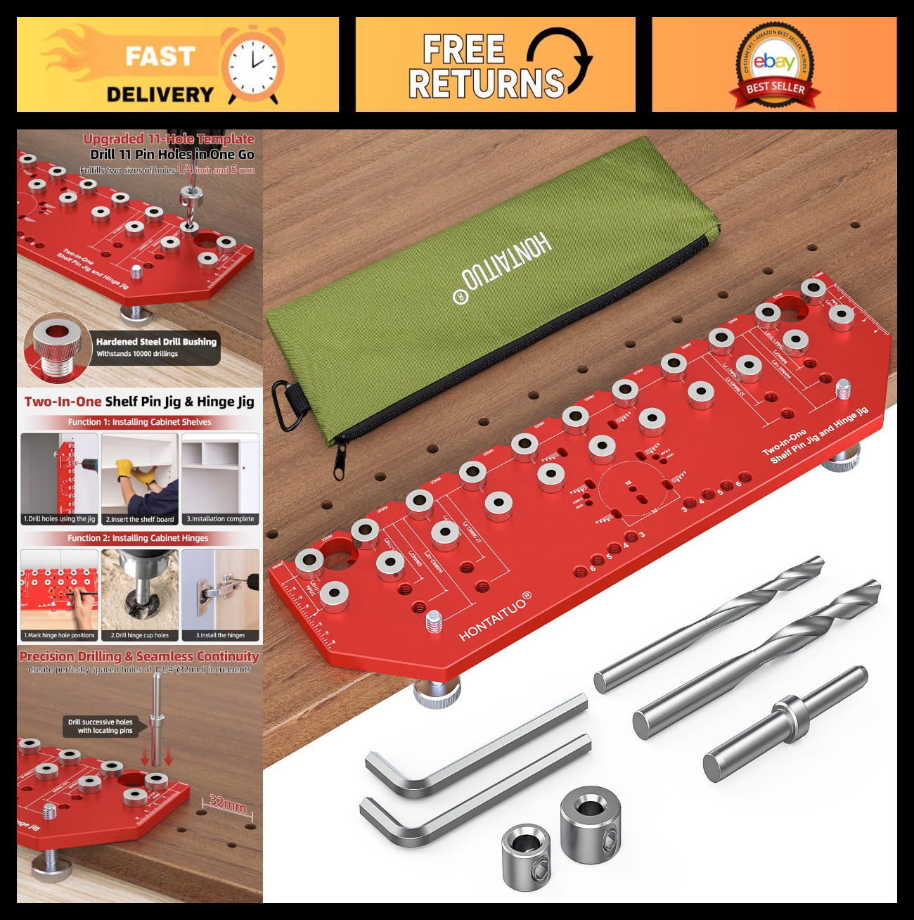 2-in-1 Shelf Pin & Hinge Jig Tool, 11-Hole Drilling Guide with Clamping Function