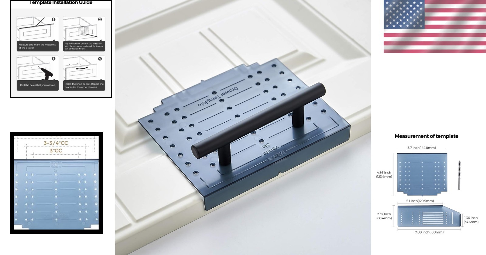 Cabinet Door & Drawer Hardware Installation Template with Drill Bit – 3-5″ Specs