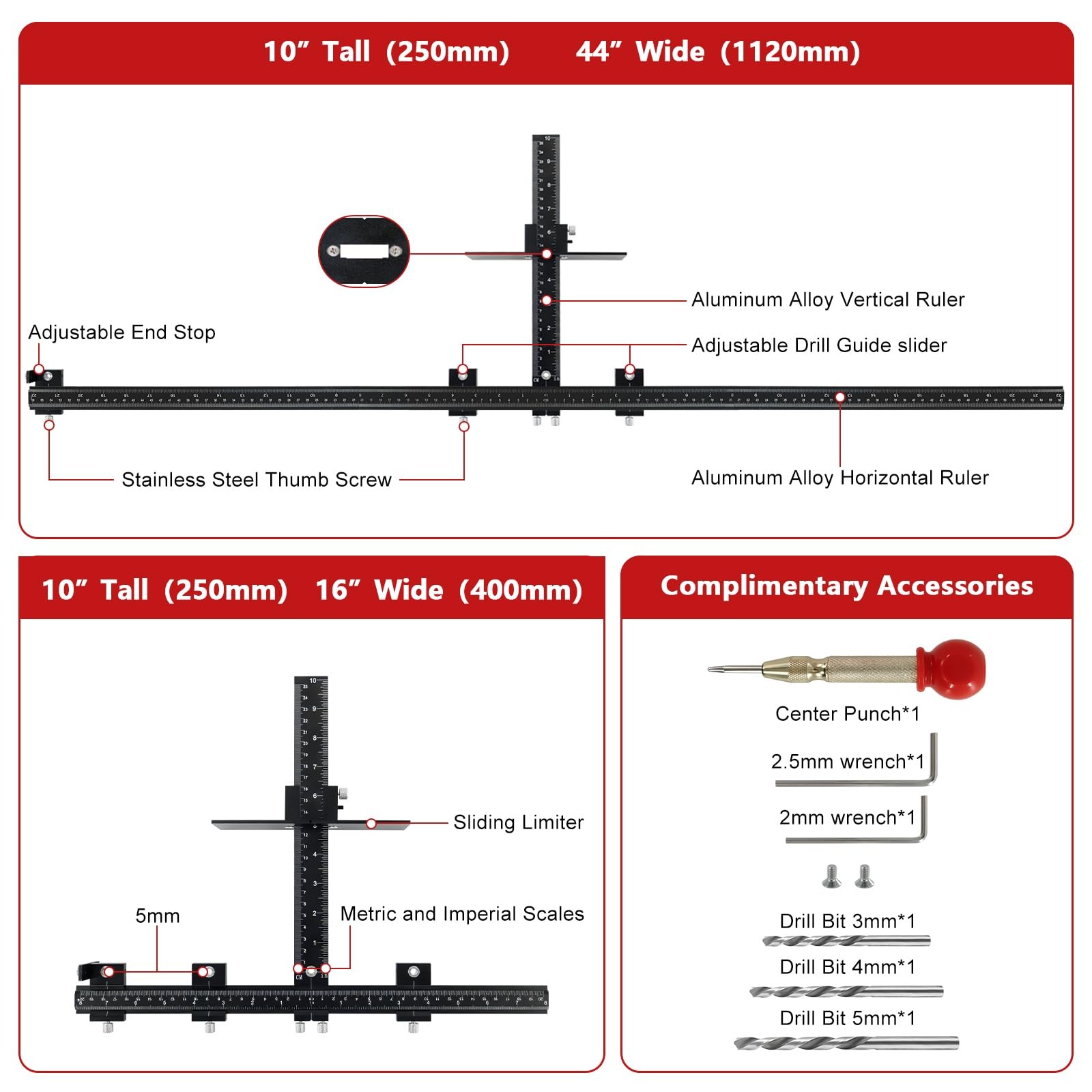 44″ Max Cabinet Hardware Jig, with 16″ Cabinet Handle Jig and Auto Center Pun…