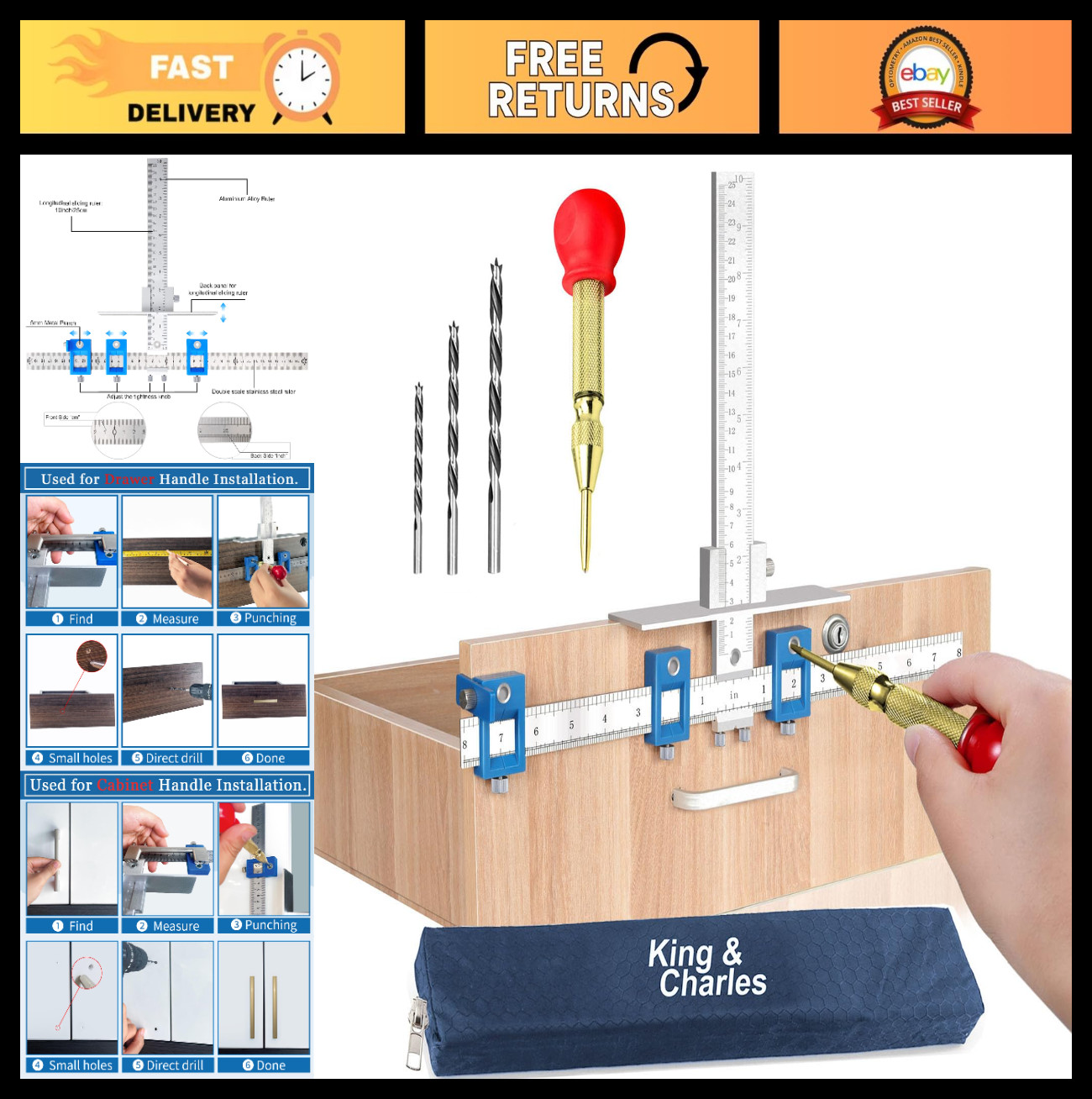 Metal Cabinet Hardware Jig Set – Auto Center Punch & Drill Bits for Drawer/Door