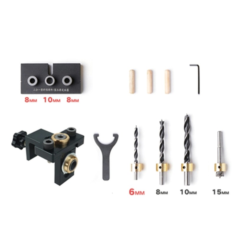 3 In 1 Adjustable Doweling Jig Woodworking Pocket Hole Jig with 6/8/10/15mm Dril