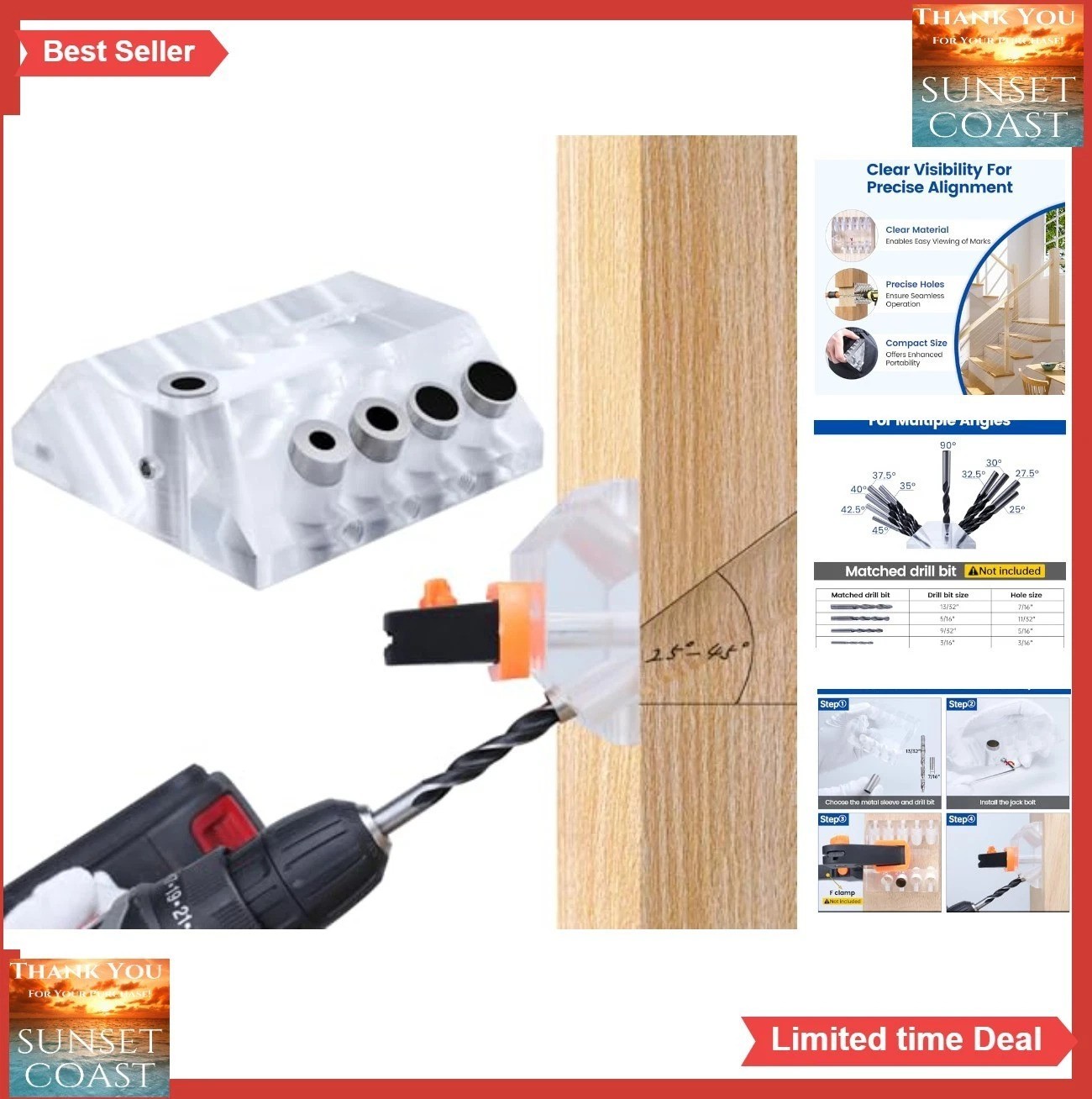 Cable Railing Drill Guide Jig Multi Angle 25 30 35 40 45 90 Degree Portable