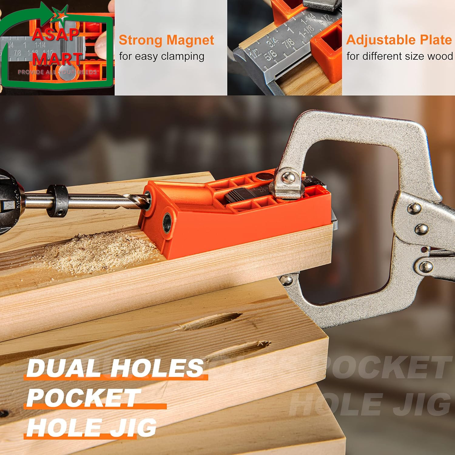 Pocket Hole Jig System Kit, Pocket Screw Jig with 11 Inch Clamp, Square Driver B