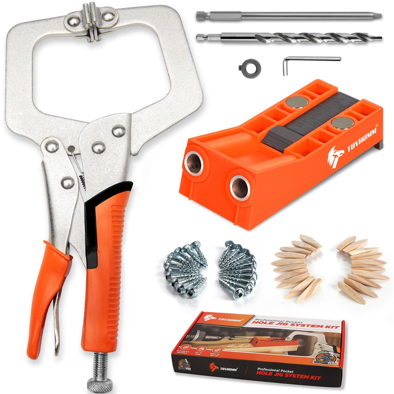 Pocket Hole Jig System Kit, Pocket Screw Jig with 9 Inch Clamp, Square Driver Bi