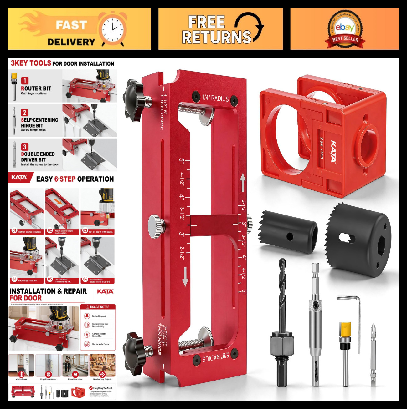 Door Hinge Mortise Jig & Lock Installation Kit for Wood Doors, Router Template,