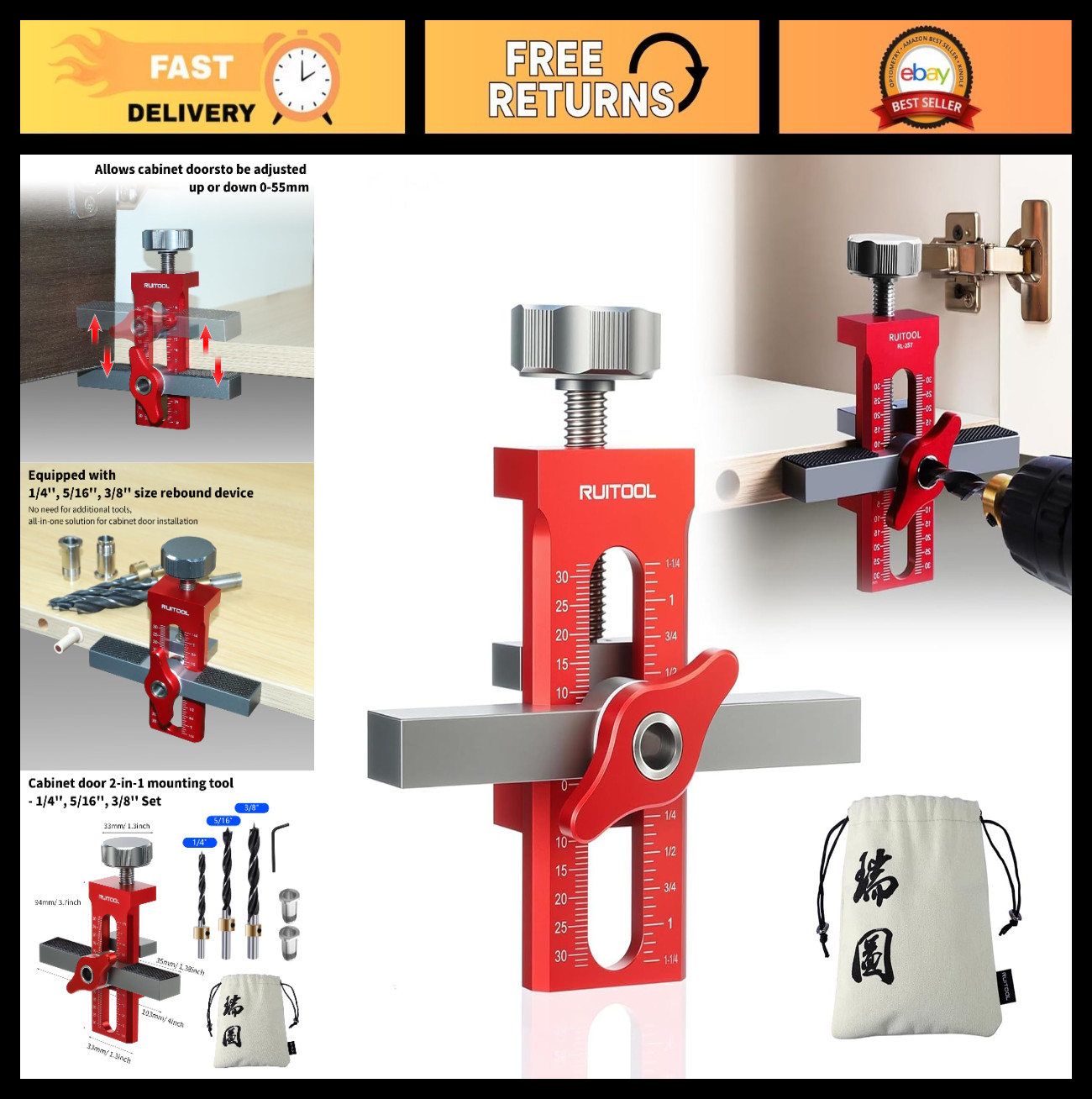 2-in-1 Cabinet Door Mounting Jig for Frameless Cabinets | Adjustable Positioner,