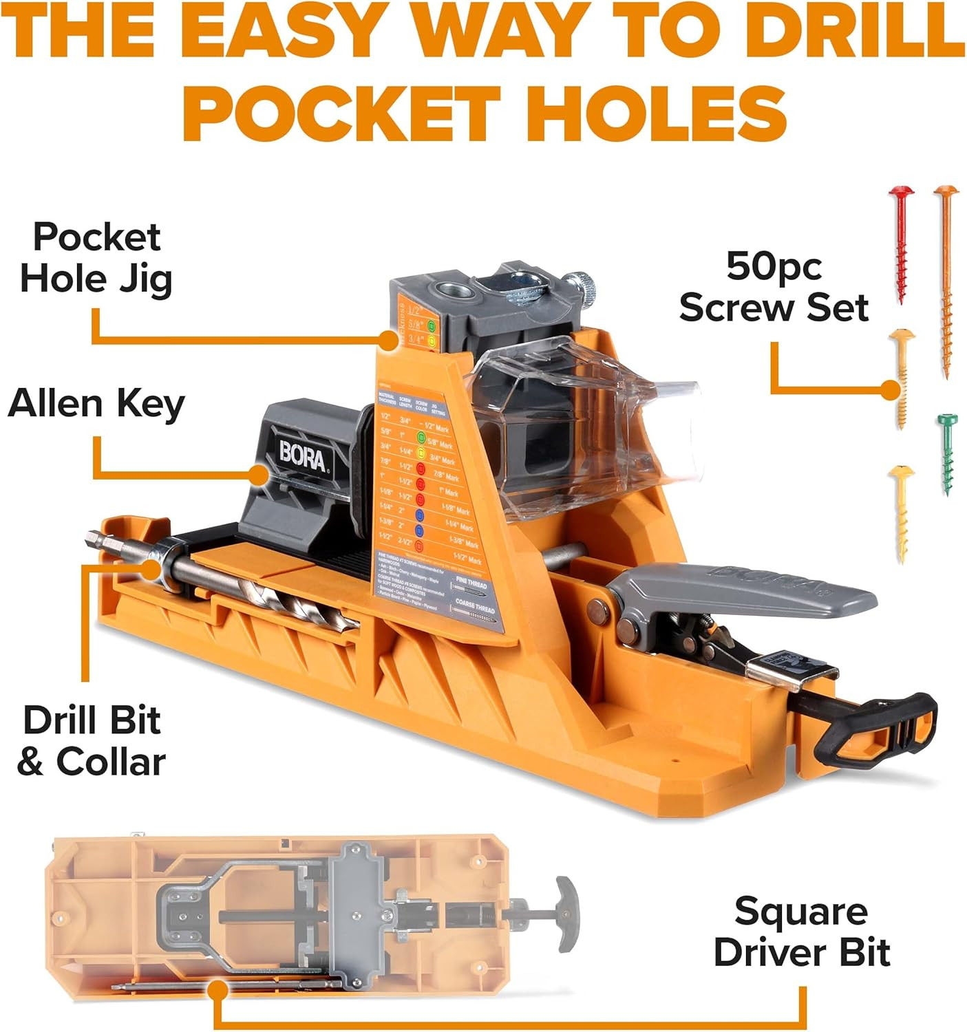 BORA Auto Pocket Hole Jig w/50 Screws 1/2-1.5″ Woodworking Kit