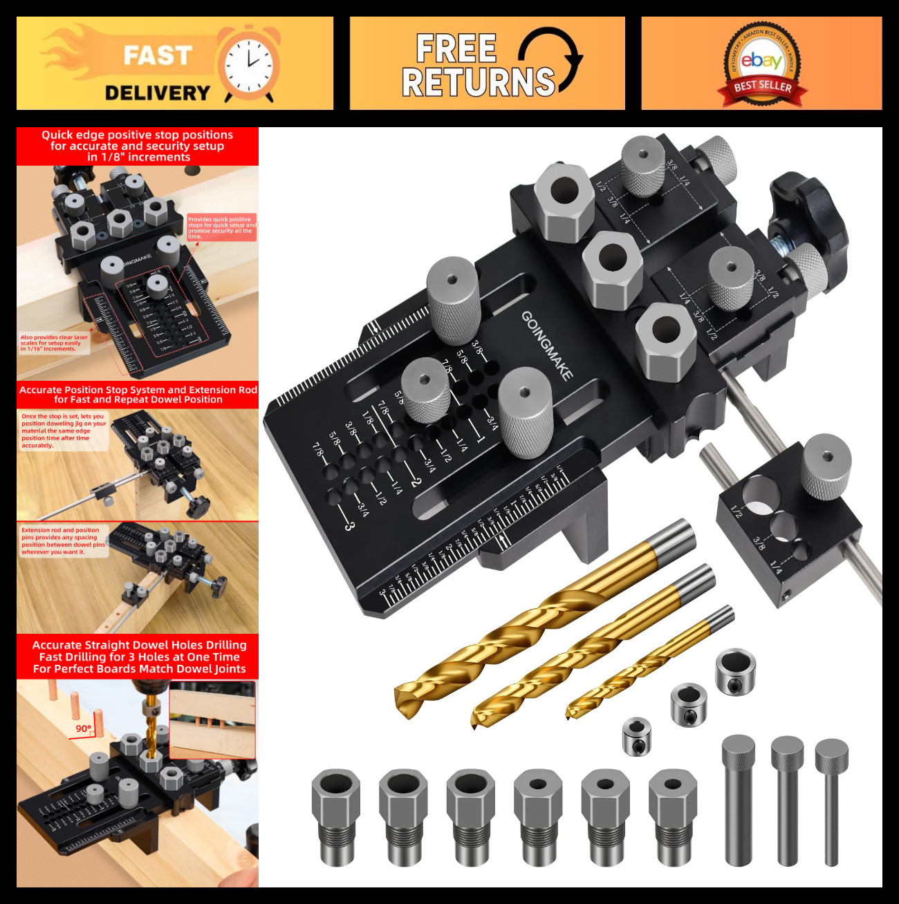 Adjustable Doweling Jig Kit with Quick Stop Clamp – Drill 1/4, 3/8, 1/2 Inch Hol