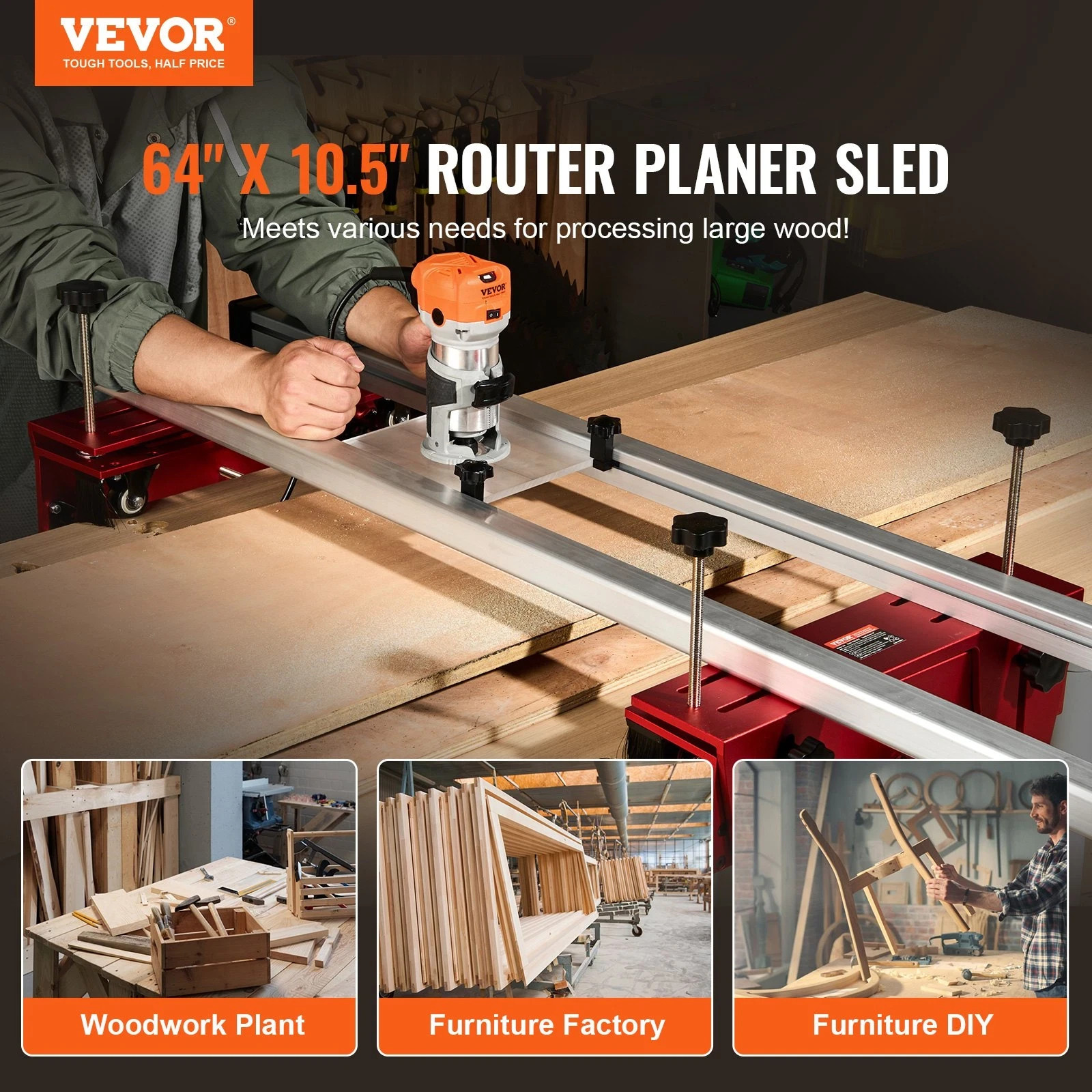 Router Sled Adjustable Wood Slab Flattening Mill Router Jig 64″ Length
