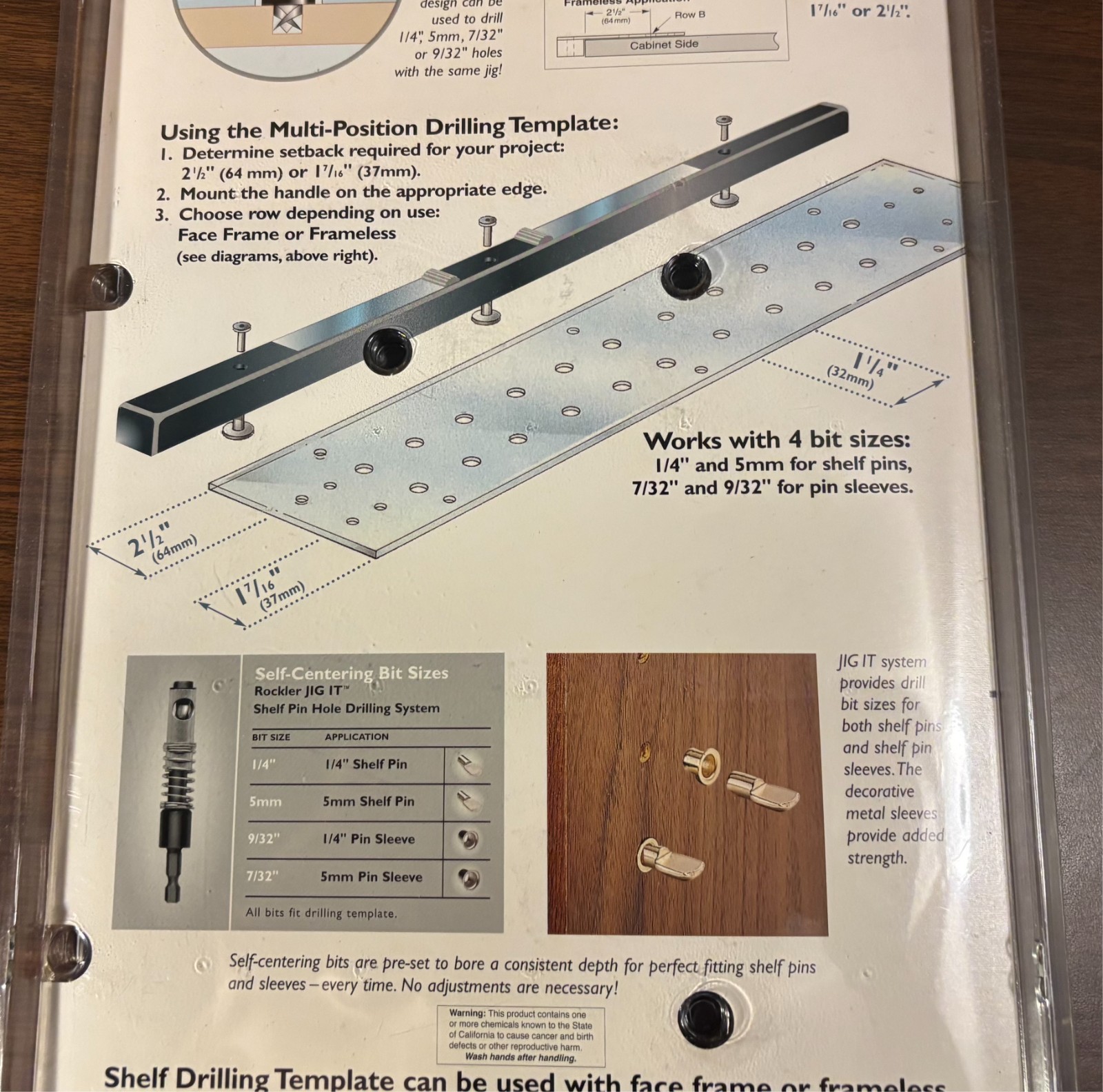ROCKLER 1/4″ Shelf Pin Drilling Template Set/Kit (Jig It System) NEW in package