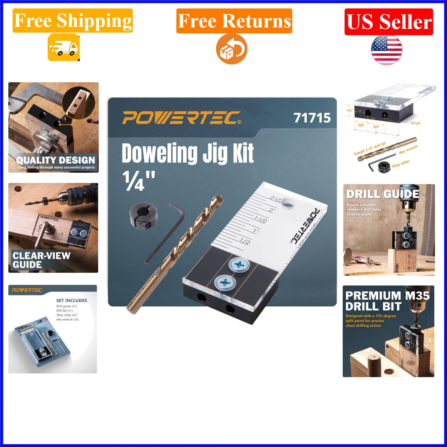 1/4 Inch Woodworking Dowel Jig Kit with Drill Bit, Stop Collar & Guide