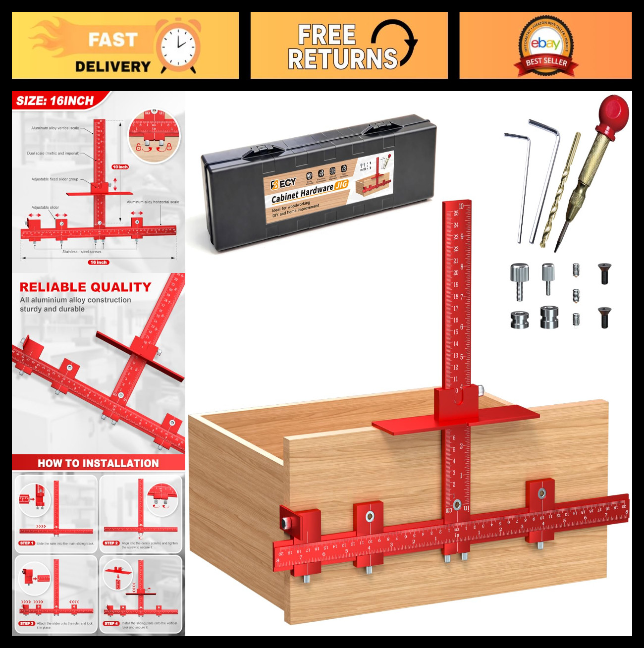 Adjustable Cabinet Hardware Jig Tool – All-Aluminum Drill Guide for Easy Handle
