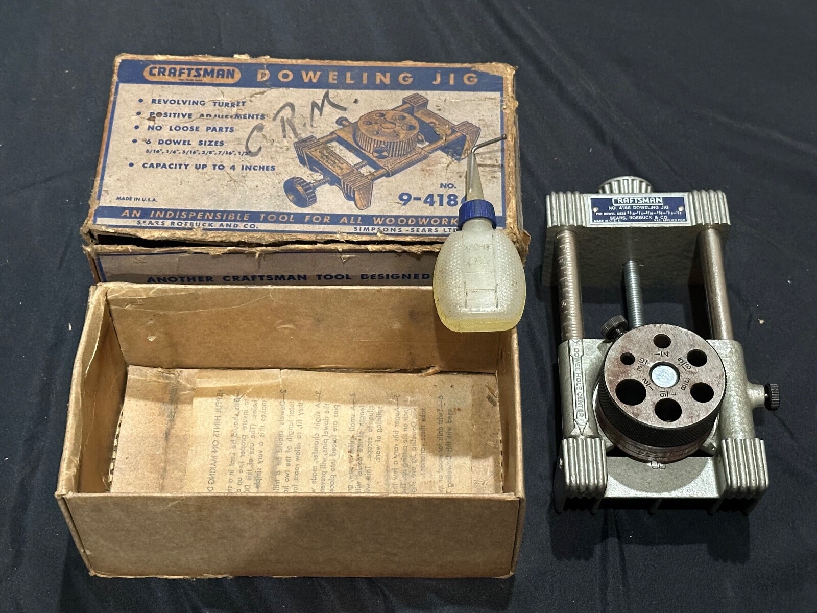 Vintage Craftsman 9-4186 Doweling Jig Original Box & Oil 94186 Dowel Tool Turret