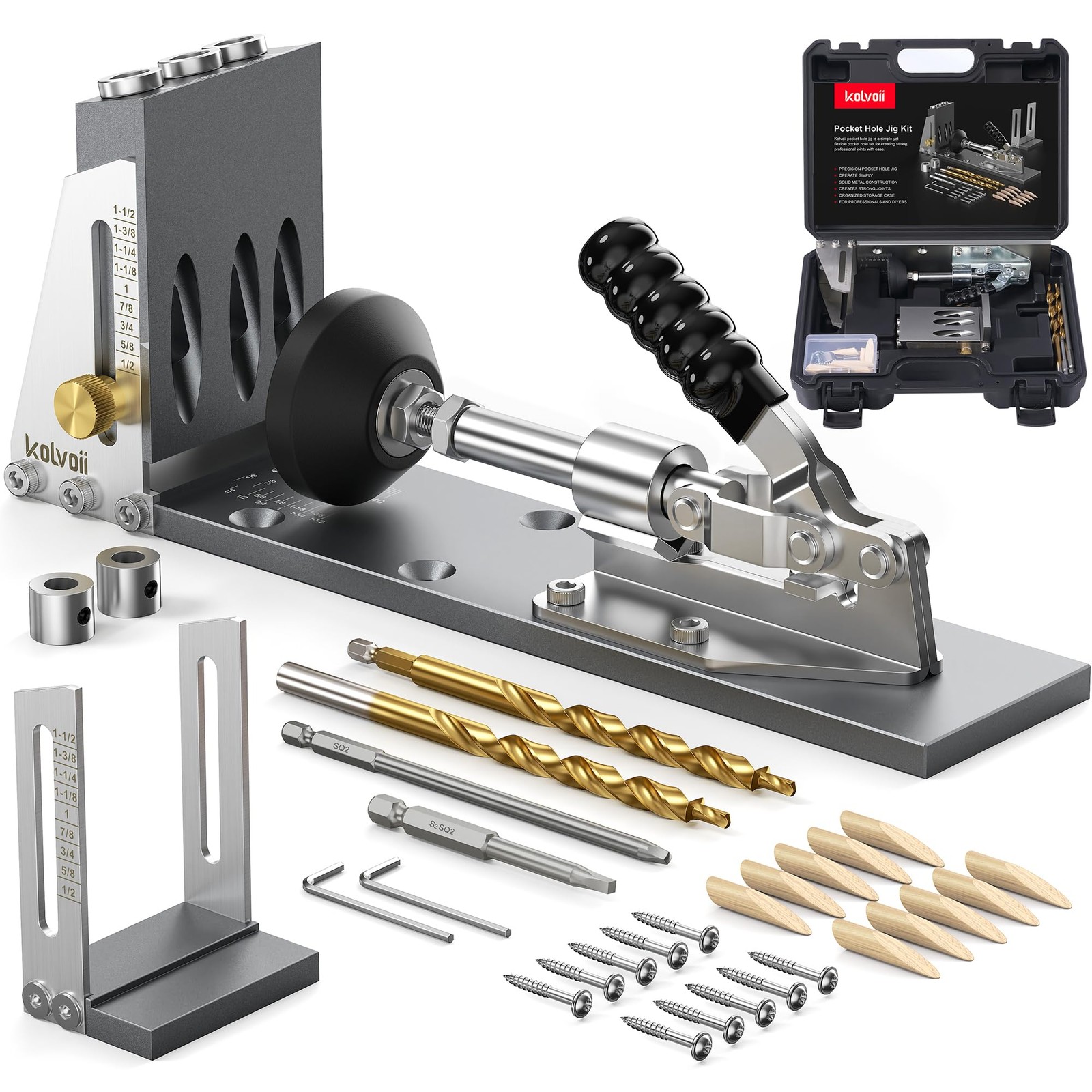 Kolvoii Pocket Hole Jig Kit Adjustable Drill Guide 1/2-3-1/8in