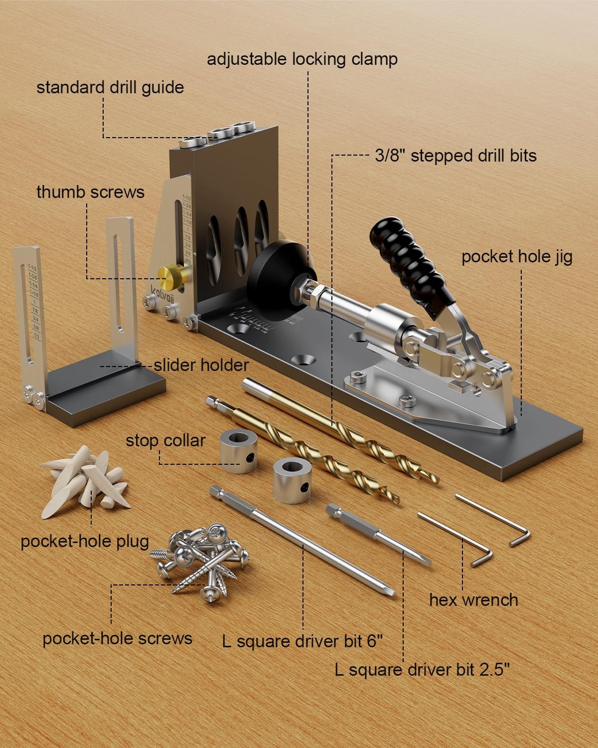 Kolvoii Pocket Hole Jig Kit Adjustable Drill Guide 1/2 to 3-1/8 in