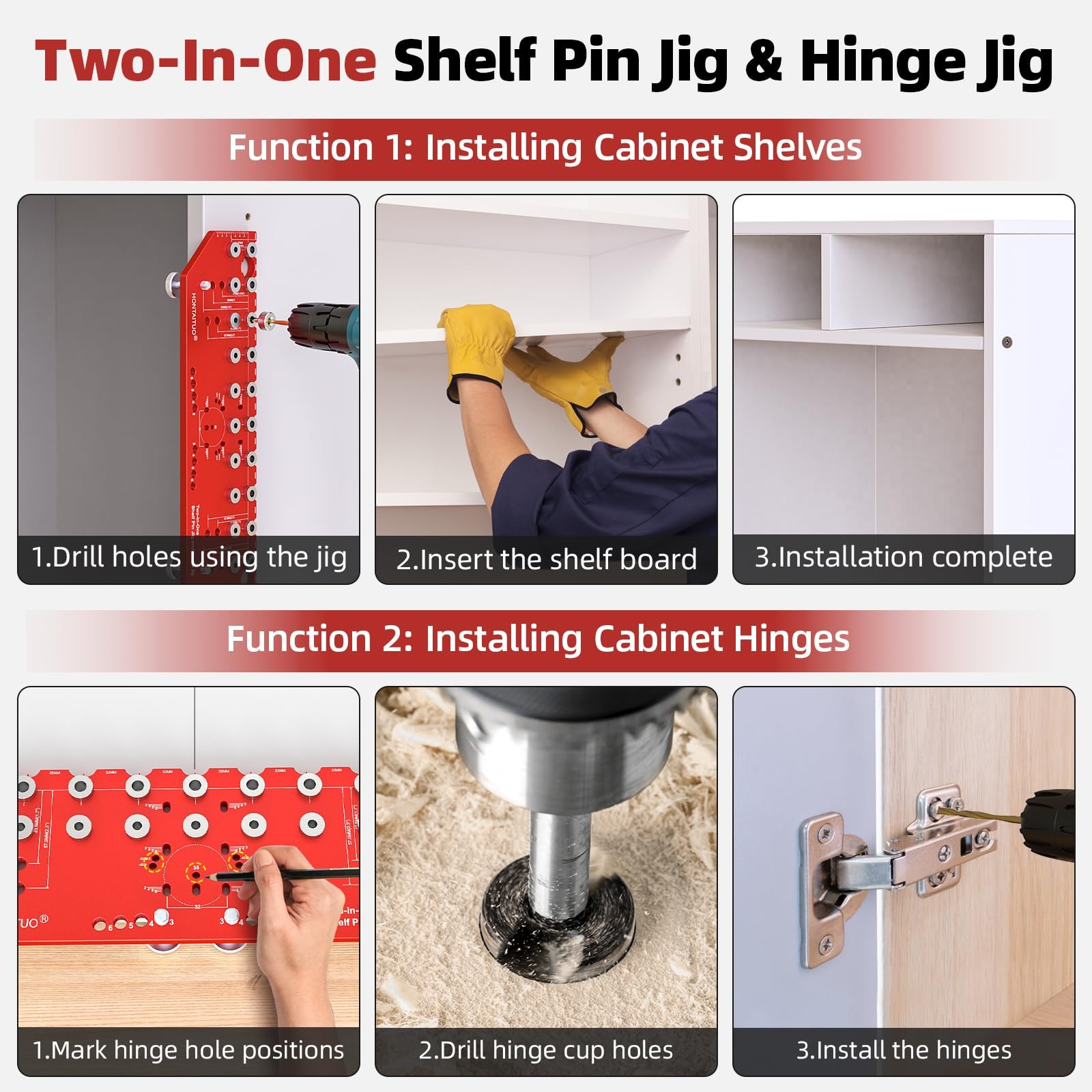 11-Hole Shelf Pin Jig and Hinge 2-in-1,1/4 Inch 5mm 11 Holes, Red