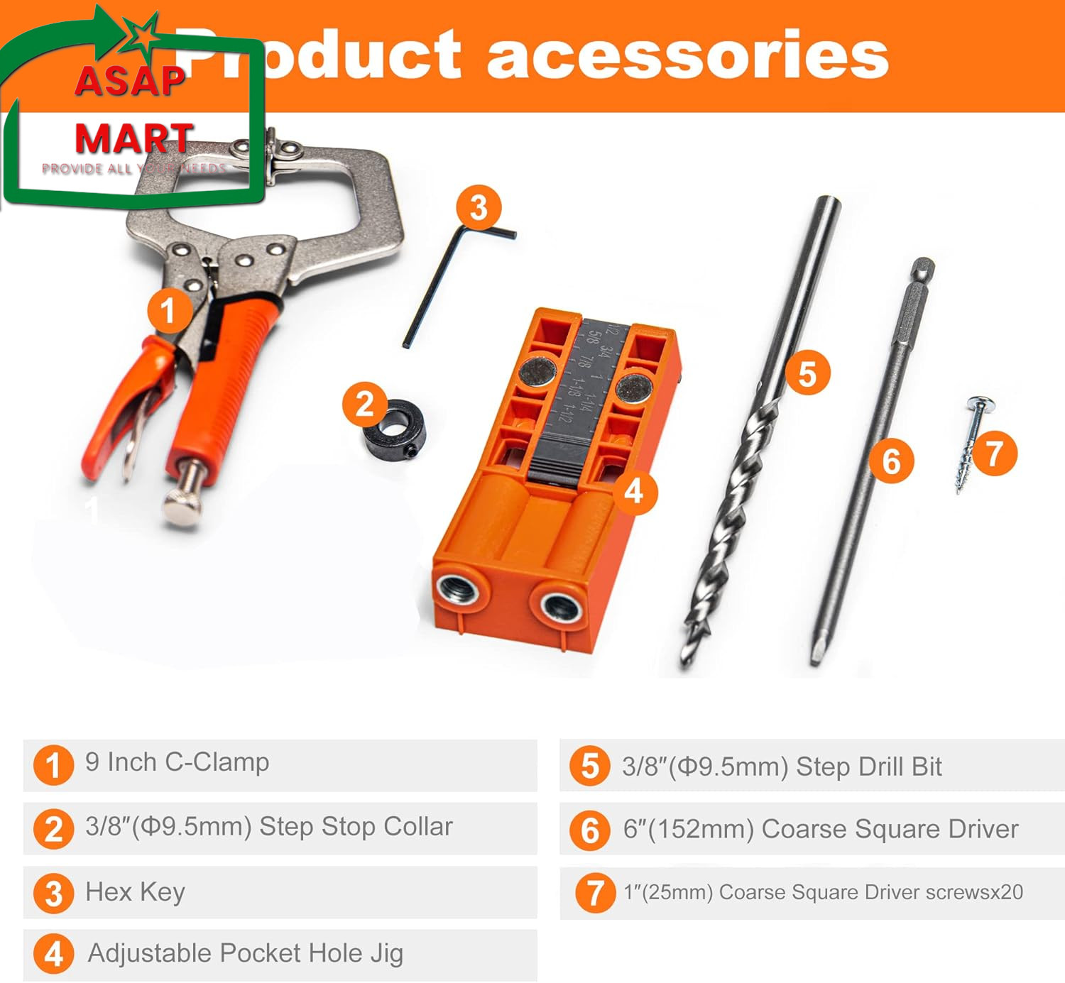 Pocket Hole Jig System Kit, Pocket Screw Jig with 11 Inch Clamp, Square Driver B