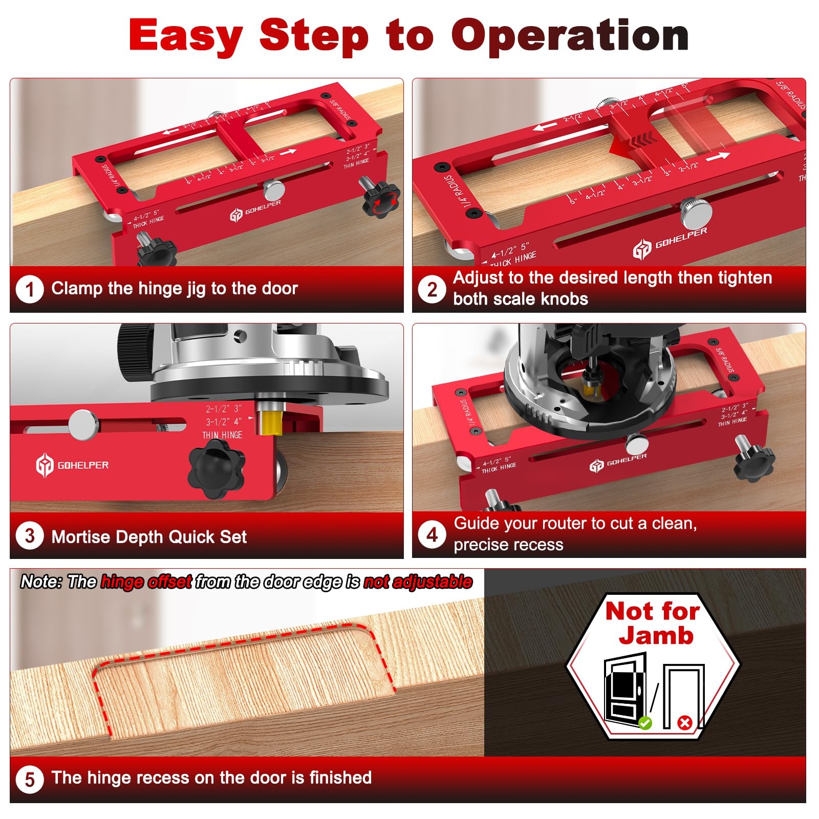 Door Hinge Jig, Aluminum Alloy Template Kit for Router, Red