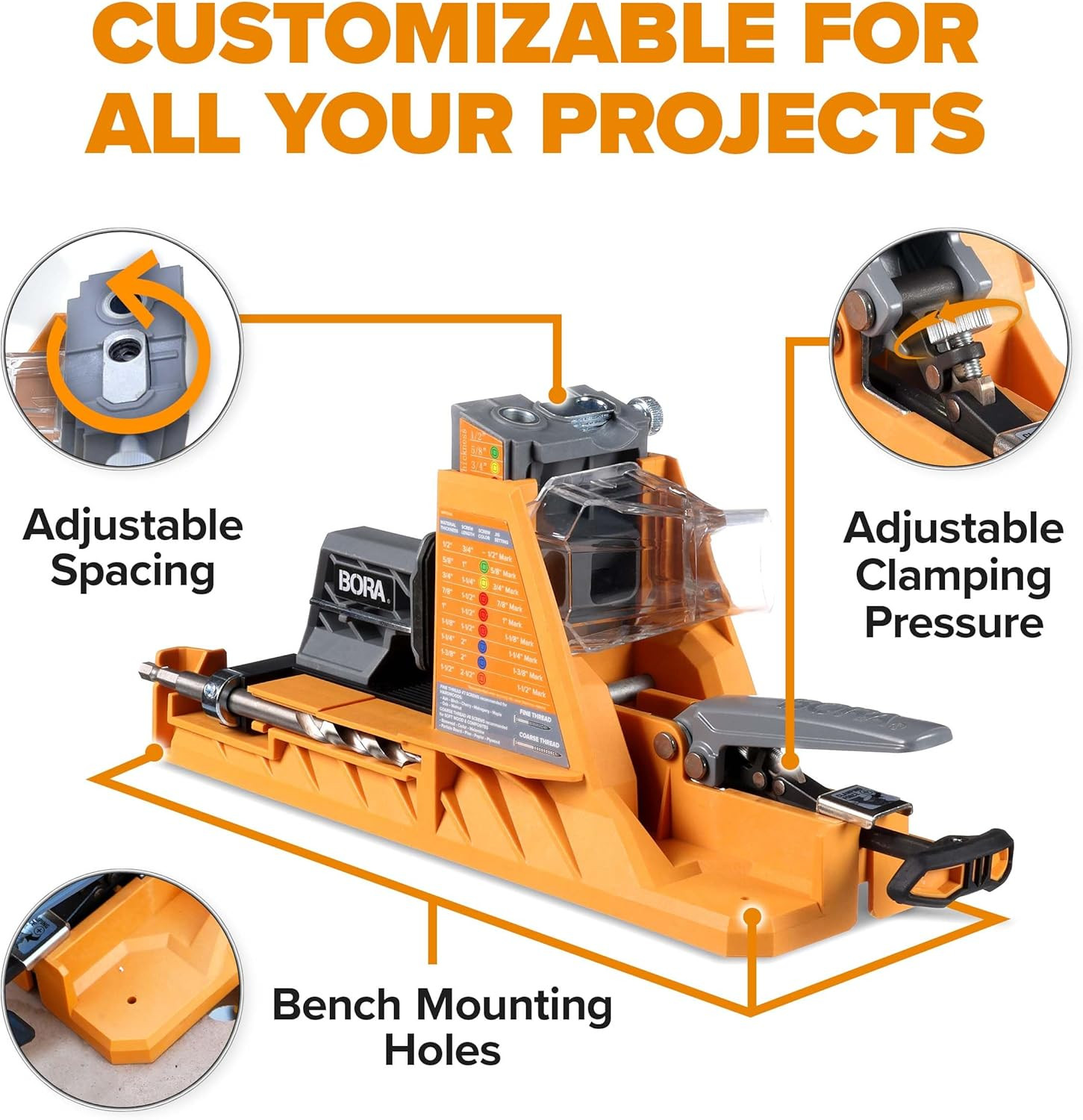 BORA Auto Pocket Hole Jig w/50 Screws 1/2-1.5″ Woodworking Kit