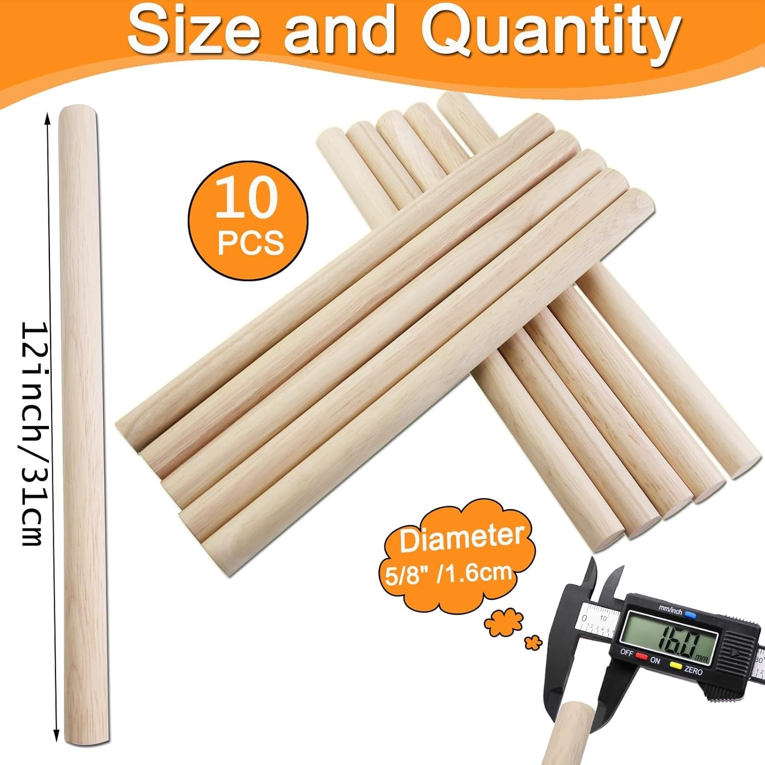 Versatile 10-Piece Wooden Dowel Rod Set – Ideal for Crafts & Wedding Projects