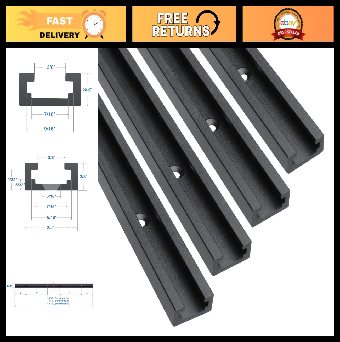 48″ Aluminum T-Track Set (4PK) for Woodworking | Double Cut Profile, Predrilled