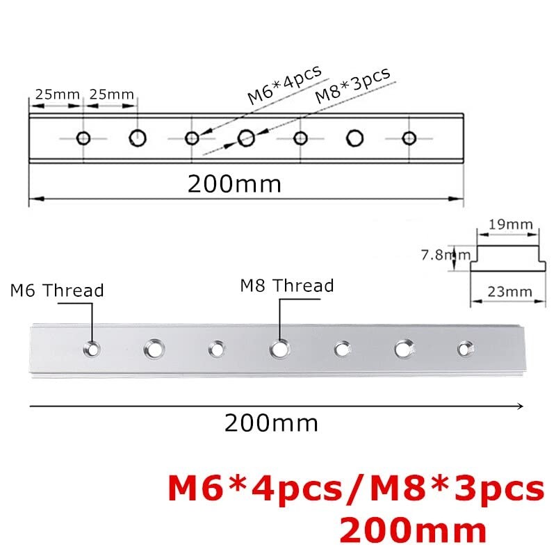 200mm Aluminum Alloy TTrack Miter Slider Fixture Rail M6+M8 Threads