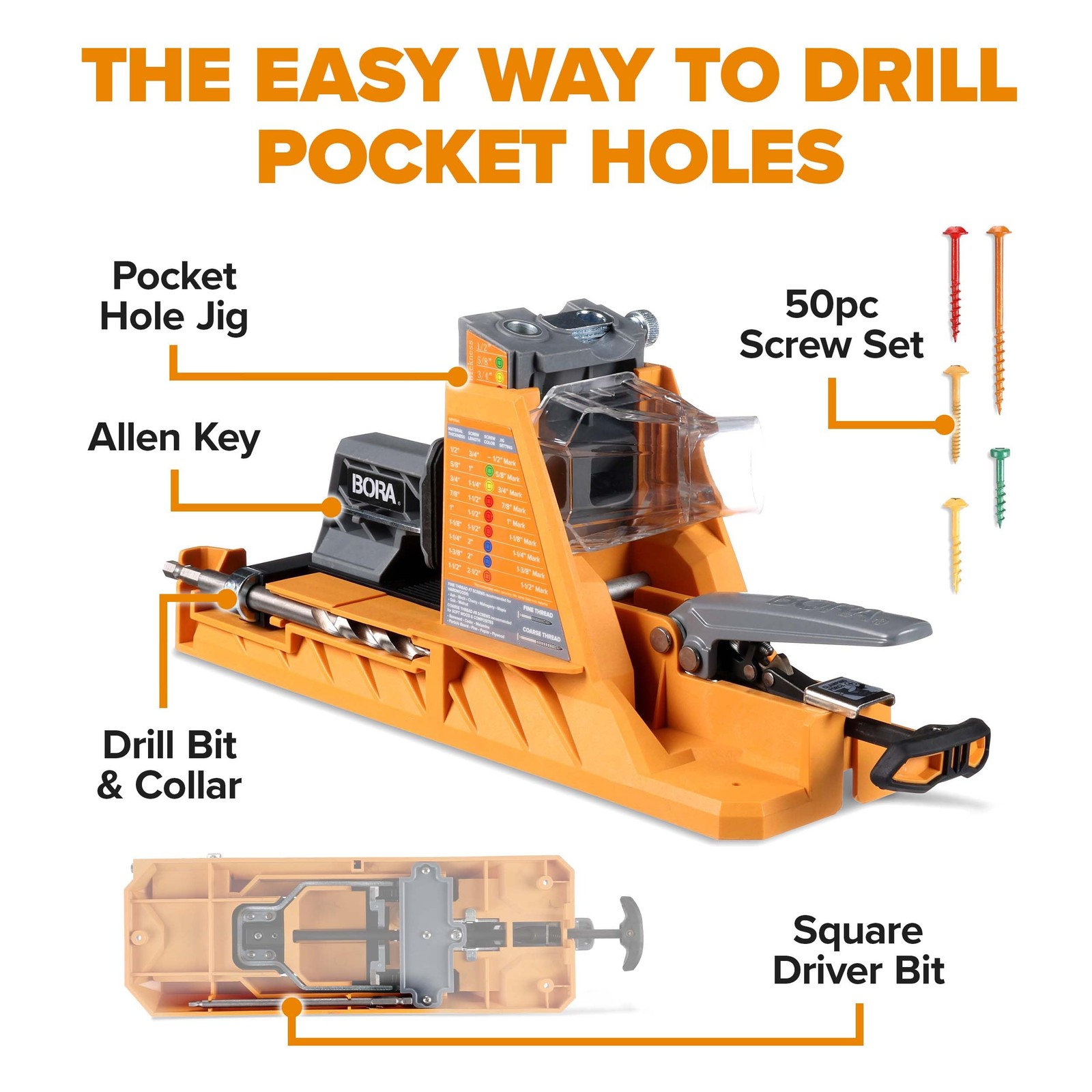 BORA Automatic Pocket Hole Jig Kit & 50 Screws Drill Guide for Woodworking