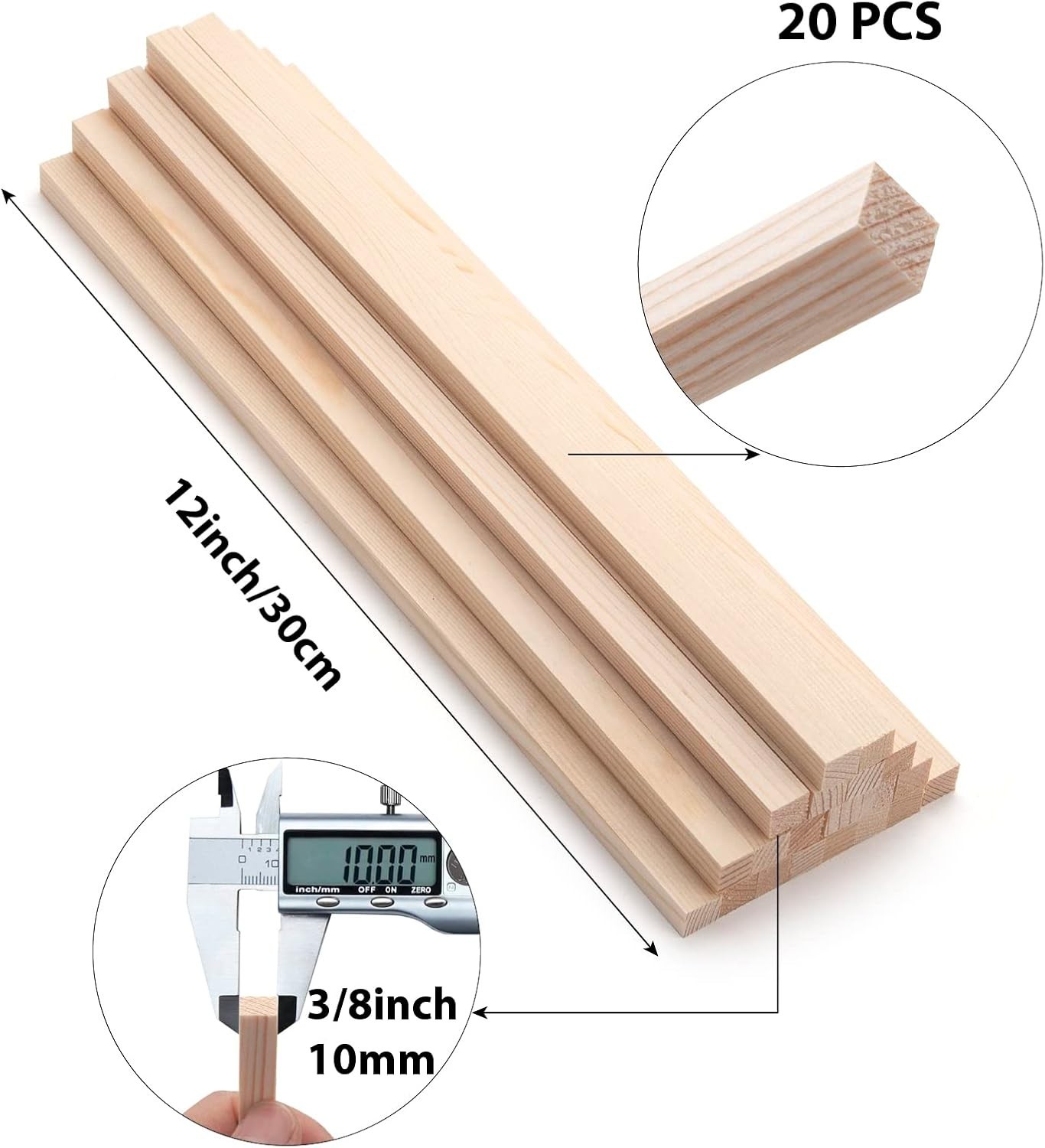 Natural Pine Square Dowel Rods – 20 Pieces of 3/8″x12″ Smooth Crafting Material