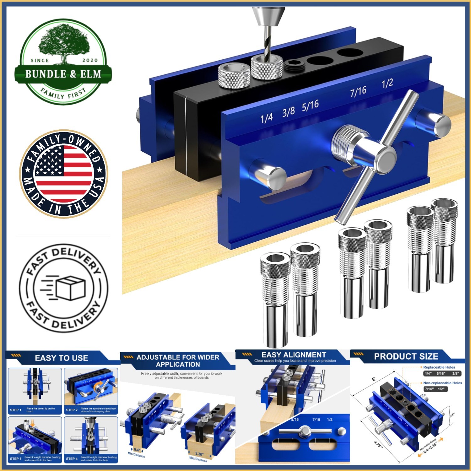 Self Centering Dowel Jig Kit for Precise Woodworking with 6 Drill Bushings