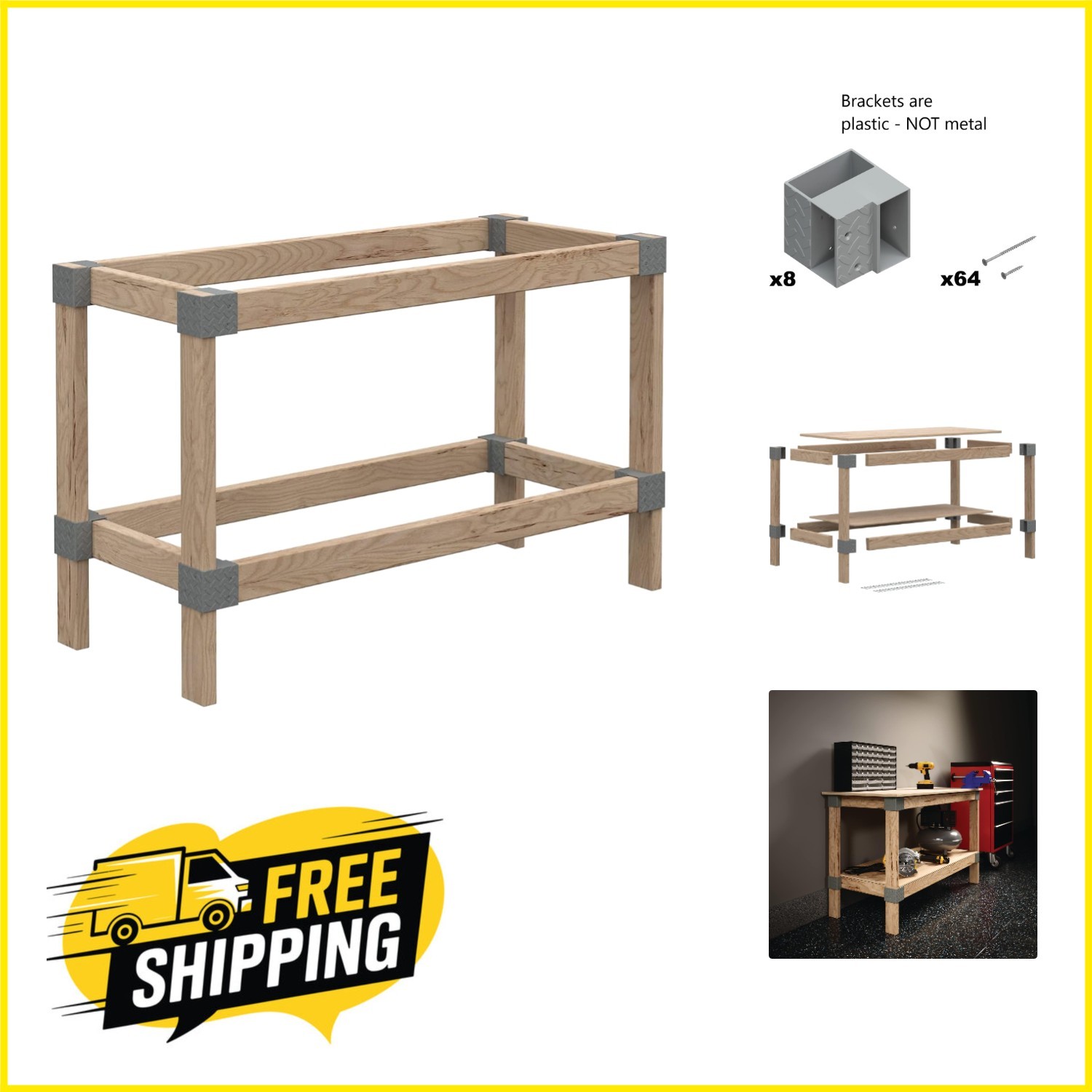 Customizable Heavy-Duty DIY Workbench Kit with Gray Plastic Brackets, 24″ x 48″