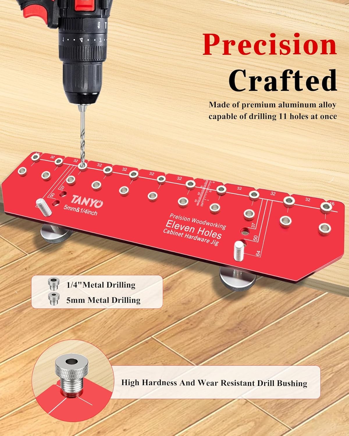11 Hole Shelf Pin Jig Adjustable Shelf Hole Jig with 1/4″ and 5Mm Drill Bit