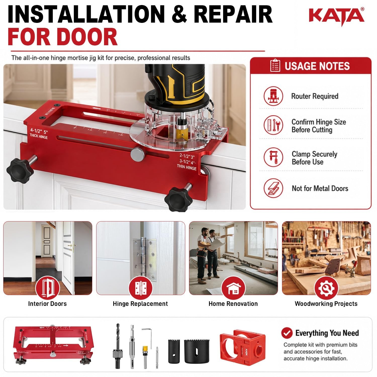 Door Hinge Mortise Jig & Lock Installation Kit for Wood Doors, Router Template,