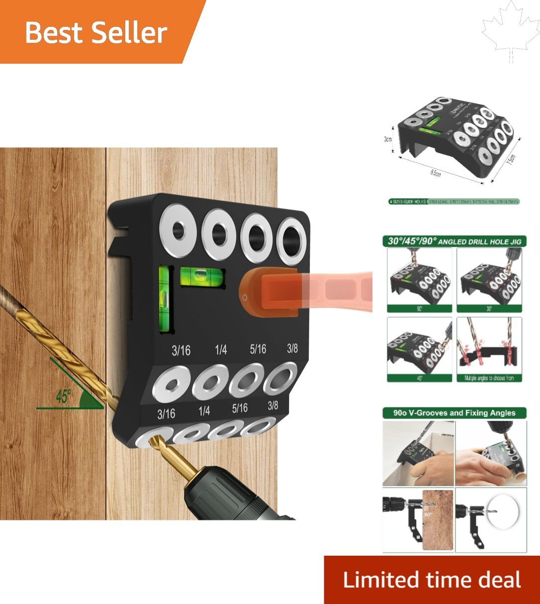 Professional Woodworking Drill Guide Jig with 2 Levels and 4 Sizes for Accuracy