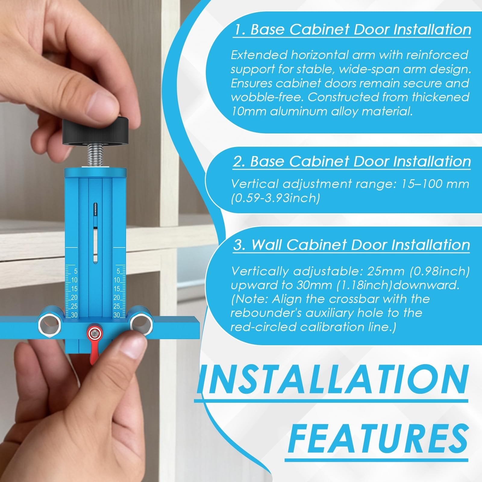 3-in-1 Cabinet Door Mounting Jig with Support Base, Adjustable Tool for Frameles