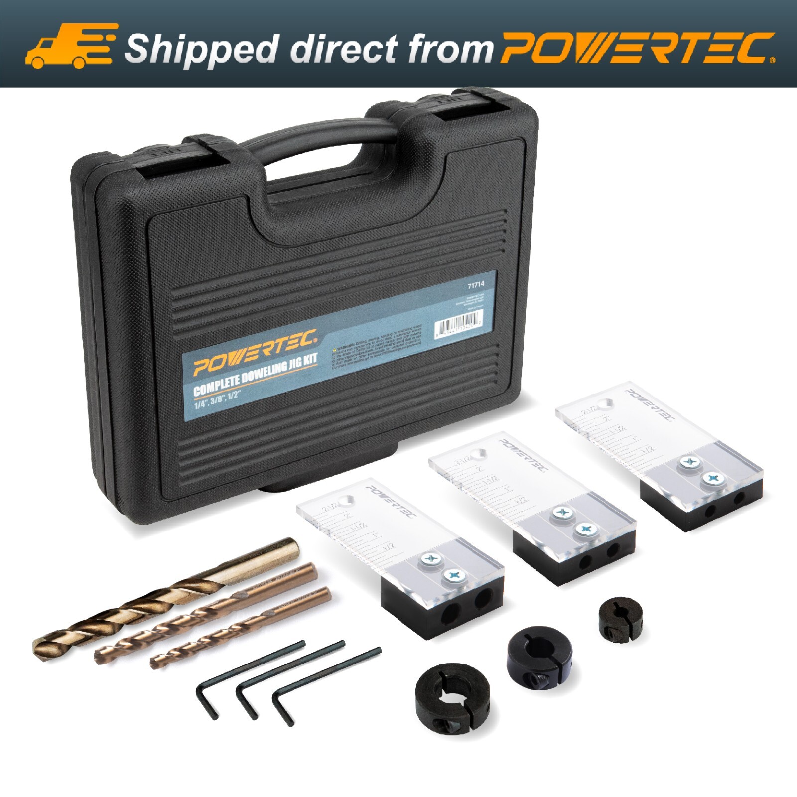 POWERTEC Complete Doweling Jig Kit w/ 1/2″,3/8″,1/4″ Cobalt M-35 Drill Bits