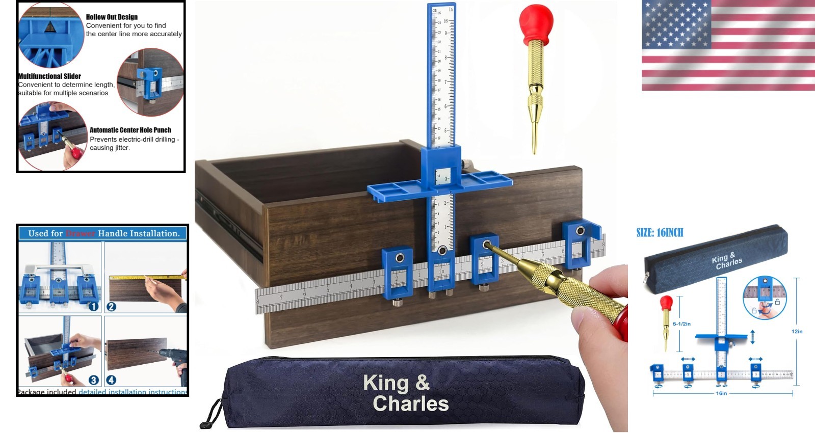 16-Inch Cabinet Hardware Jig with Automatic Center Punch for Precise Drilling