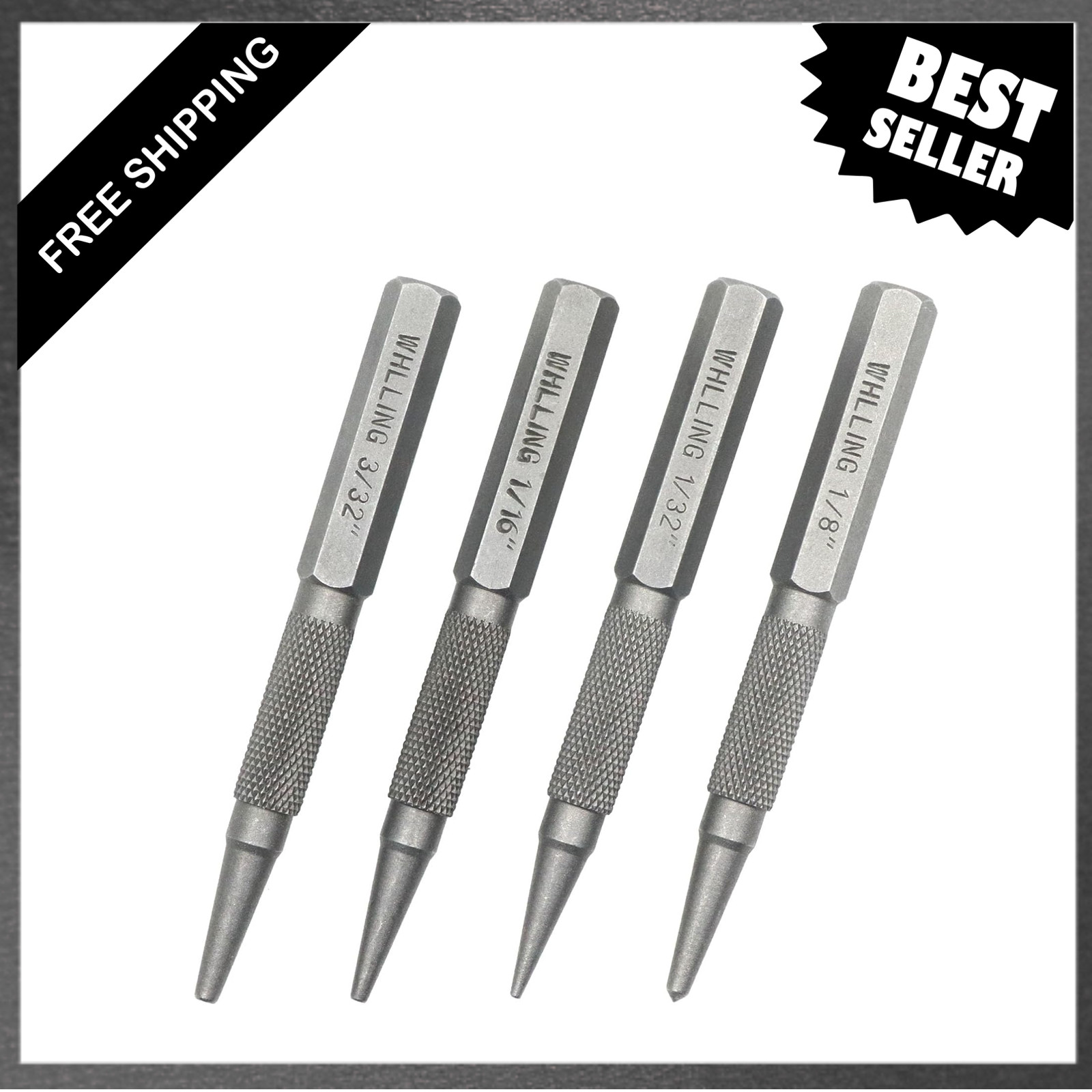 Nail Setter Punch and Center Punch Set Alloy Steel 4 Piece Includes 1 1/32 1/16